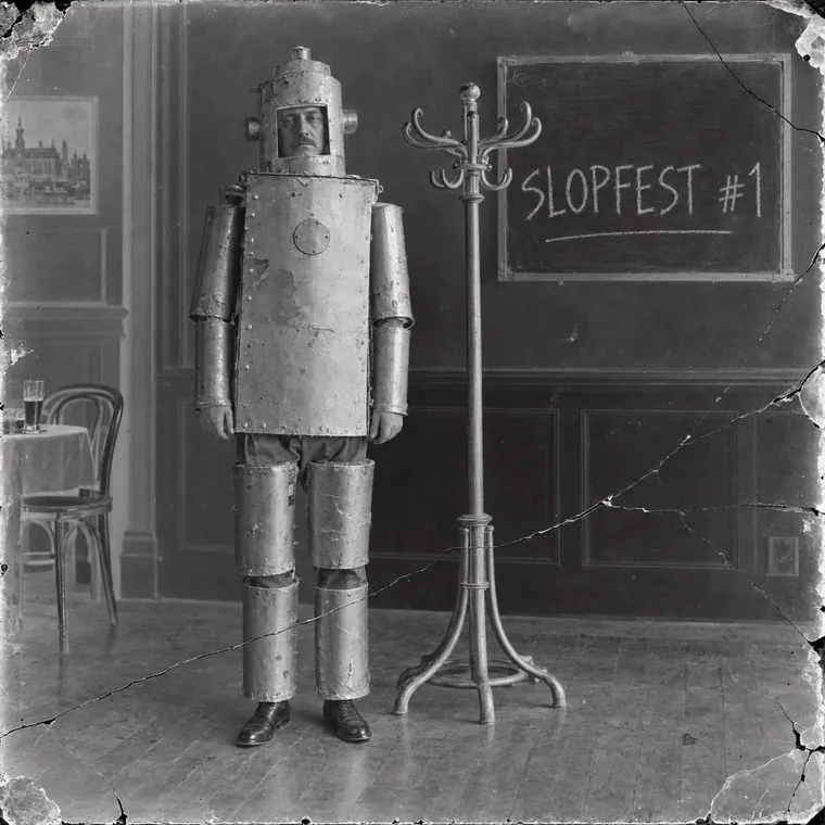 Cracked glass-plate negative, full-length portrait: Dr. Kranzl in a tin robot suit beside a coat stand, a chalkboard behind reading SLOPFEST #1