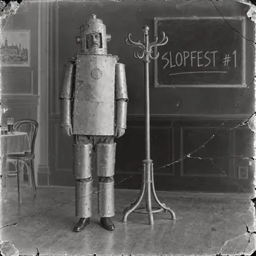 Cracked glass-plate negative, full-length portrait: Dr. Kranzl in a tin robot suit beside a coat stand, a chalkboard behind reading SLOPFEST #1