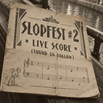 Concert programme on a steamer's deck rail, close-up: 'SLOPFEST #2, LIVE SCORE (SOUND TO FOLLOW)' in Art Deco type, a mouse doodled in the margin