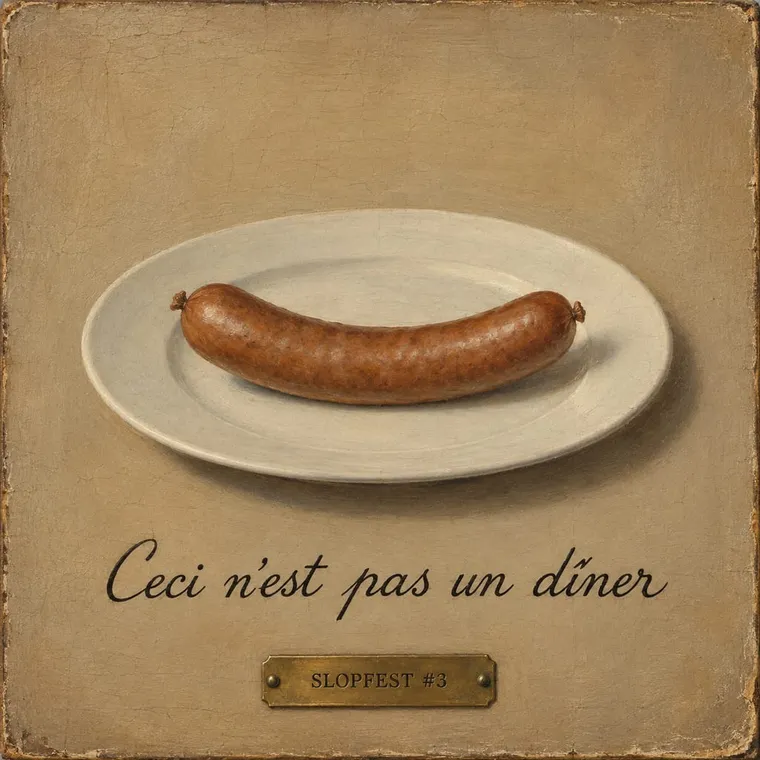 Oil painting in the Magritte manner, still life: a Würstel on a plate, careful script beneath, 'Ceci n'est pas un dîner', brass plate: SLOPFEST #3