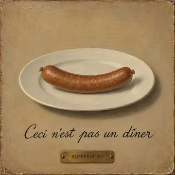 Oil painting in the Magritte manner, still life: a Würstel on a plate, careful script beneath, 'Ceci n'est pas un dîner', brass plate: SLOPFEST #3