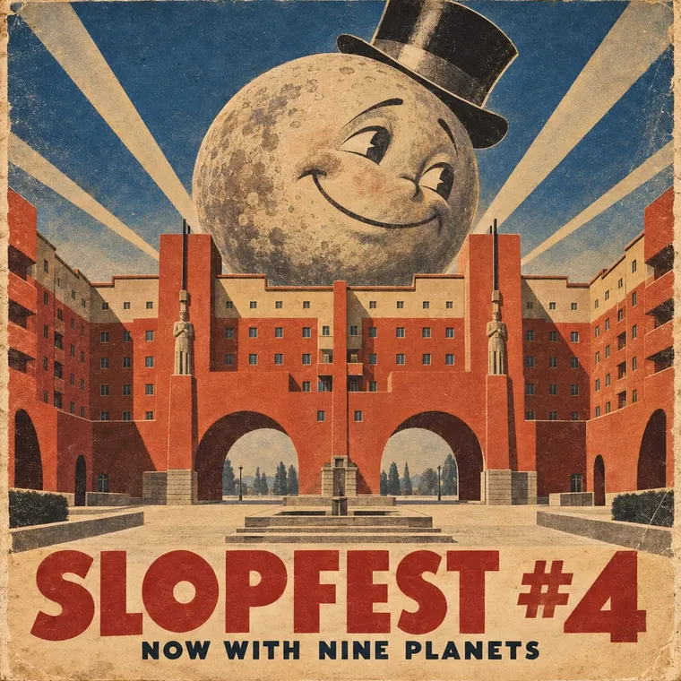 Art Deco lithograph poster: a smiling Pluto in a top hat above the Karl-Marx-Hof arches, 'SLOPFEST #4, NOW WITH NINE PLANETS'