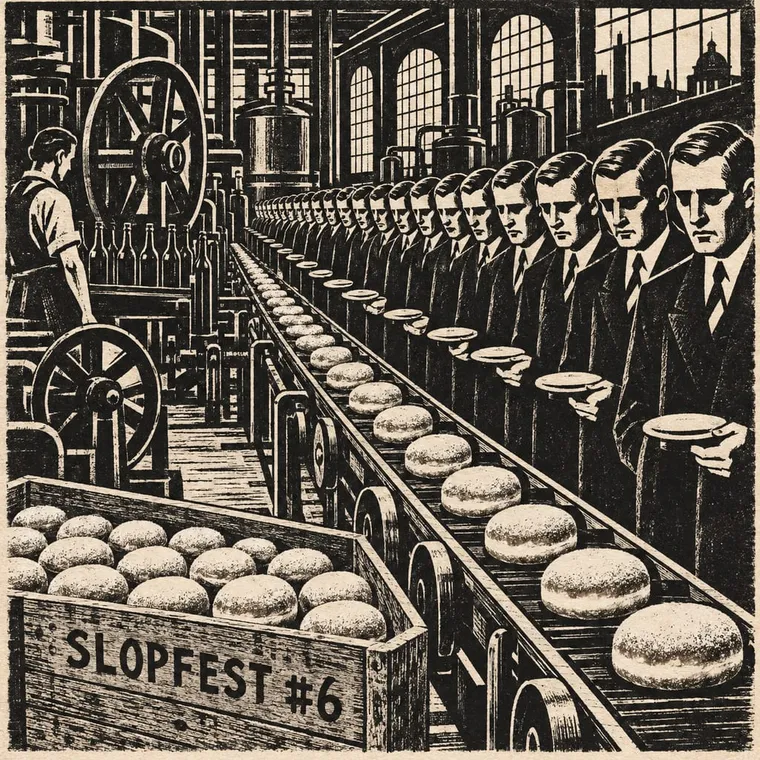 Woodcut in the Masereel manner: identical Krapfen on a conveyor belt, identical guests queuing beside it, 'SLOPFEST #6' carved on a crate