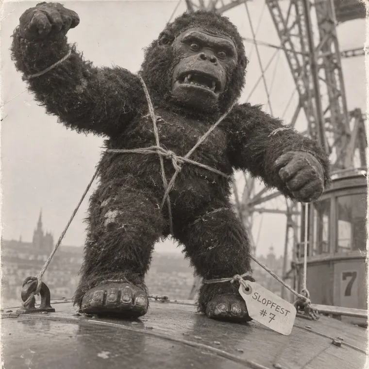 Press photo, very close up: a 46 cm toy gorilla tied to a Riesenrad gondola with string, a luggage tag on its foot reading SLOPFEST #7