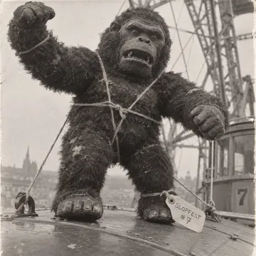 Press photo, very close up: a 46 cm toy gorilla tied to a Riesenrad gondola with string, a luggage tag on its foot reading SLOPFEST #7