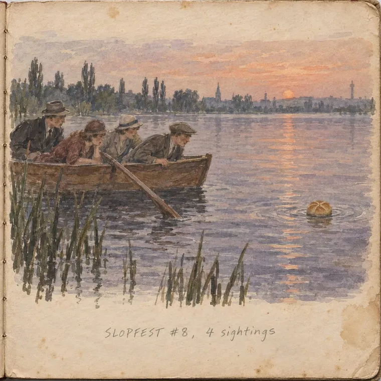 Watercolour in a guest's sketchbook, wide: a rowboat at dusk on the Alte Donau, a Semmel afloat, pencilled below 'SLOPFEST #8, 4 sightings'