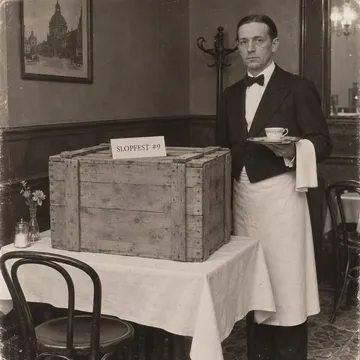 Formal photo of a closed wooden crate on a café table, a waiter posing stiffly beside it with a Melange, a card on the lid: SLOPFEST #9