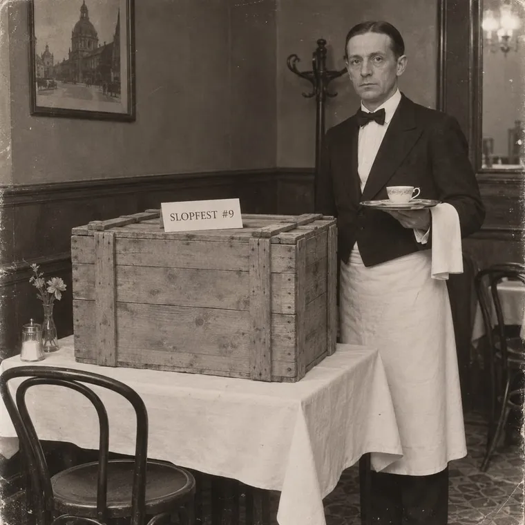 Formal photo of a closed wooden crate on a café table, a waiter posing stiffly beside it with a Melange, a card on the lid: SLOPFEST #9