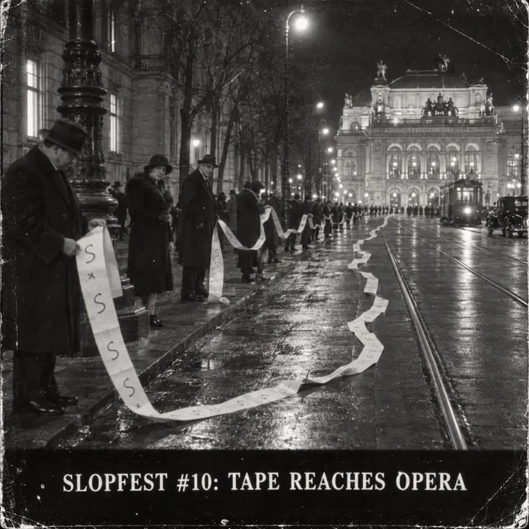 Newsreel frame, wide street view: a paper strip running along the Ring to the Staatsoper, intertitle reading 'SLOPFEST #10: TAPE REACHES OPERA'