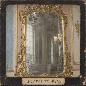 Hand-tinted lantern slide: a gilded Schönbrunn mirror with a moustache peeking from behind the frame, 'SLOPFEST #11' inked on the slide mount