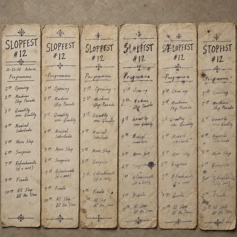 Six hand-copied programmes in a row, top-down, the headline drifting from SLOPFEST #12 on the first to 'STOPFEST #12' on the last