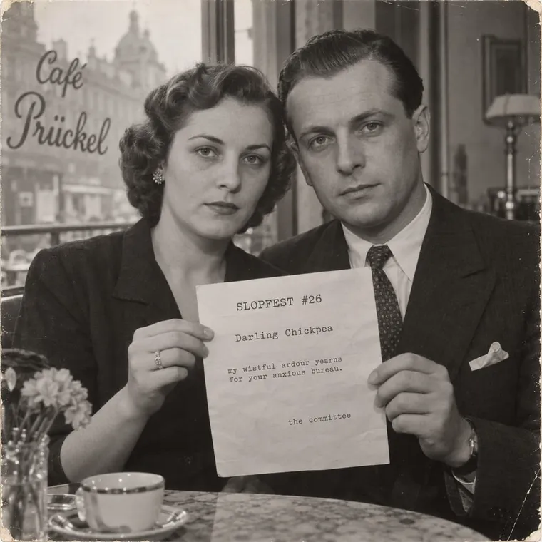 Formal engagement portrait, studio lit: an unsmiling couple holding up a typed love letter headed SLOPFEST #26, 'Darling Chickpea' legible