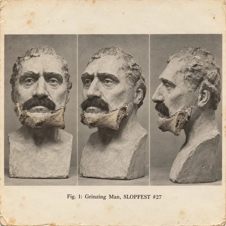 Scientific journal plate, three views: a plaster bust with a moustache and a Tafelspitz bone, captioned 'Fig. 1: Grinzing Man, SLOPFEST #27'