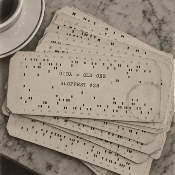 Punch cards fanned out on a café table, top-down, the top card printed 'OIDA = OLD ONE' and 'SLOPFEST #28'