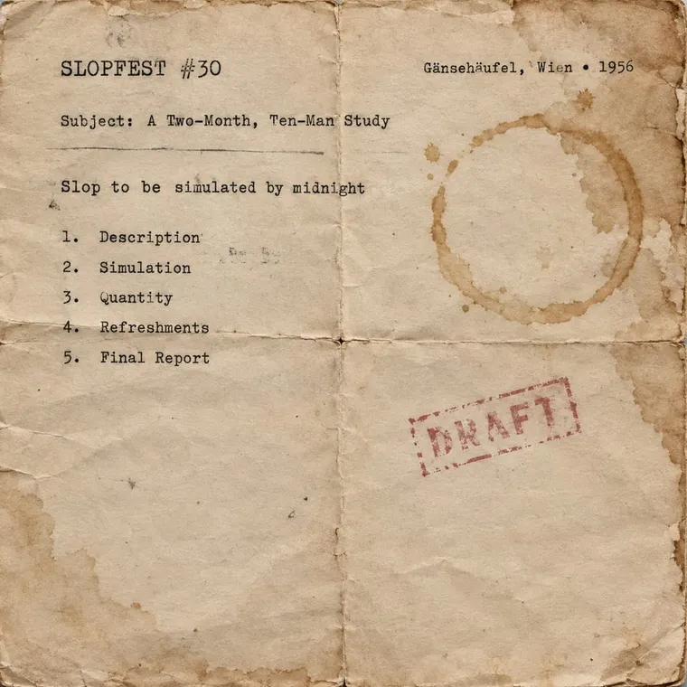 Water-stained typed memo with a coffee ring: 'Slop to be simulated by midnight', five subcommittees listed, stamped DRAFT, SLOPFEST #30