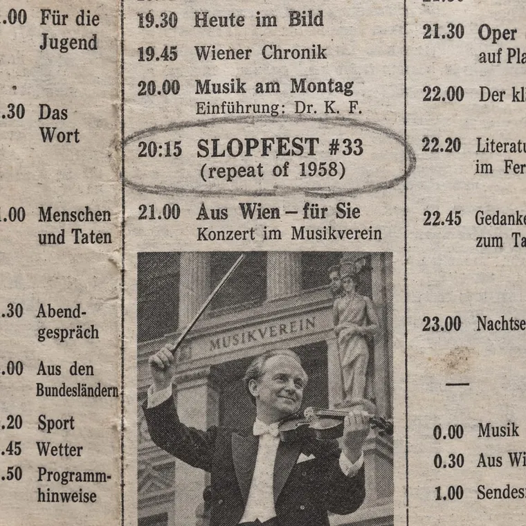 TV listings page, close-up: '20:15 SLOPFEST #33 (repeat of 1958)' circled in pencil, a small photo of a conductor with a violin bow
