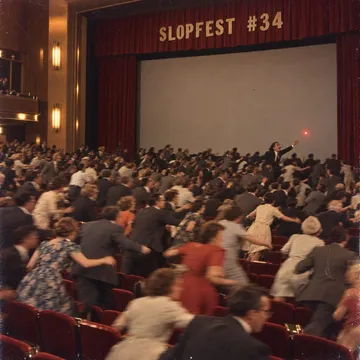 Kodachrome slide, wide: 441 blurred people chasing a red dot across the Gartenbaukino screen, the curtain lettered SLOPFEST #34