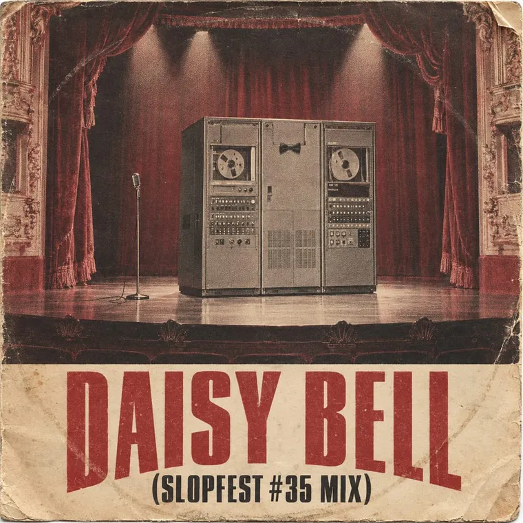 Vinyl single sleeve: a mainframe in a bow tie on the Staatsoper stage, 'DAISY BELL (SLOPFEST #35 MIX)' in sixties type