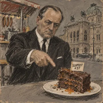 Courtroom sketch, pastel on grey paper: the Sachertorte people's lawyer pointing at a slice labelled SLOPFEST #37