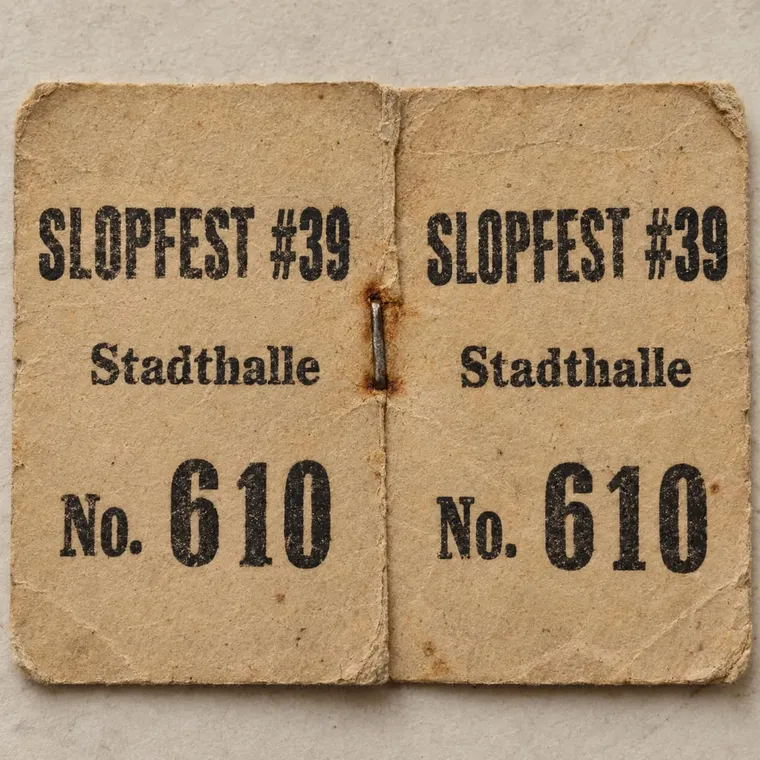 Two identical cloakroom tags stapled together, close-up, each printed 'SLOPFEST #39, Stadthalle, No. 610'
