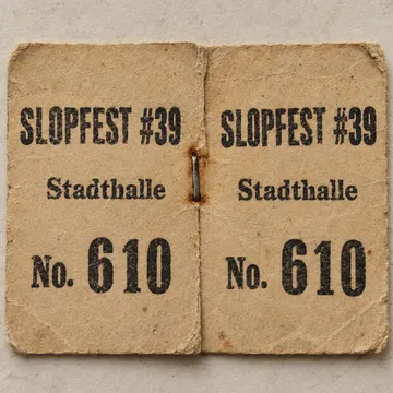 Two identical cloakroom tags stapled together, close-up, each printed 'SLOPFEST #39, Stadthalle, No. 610'