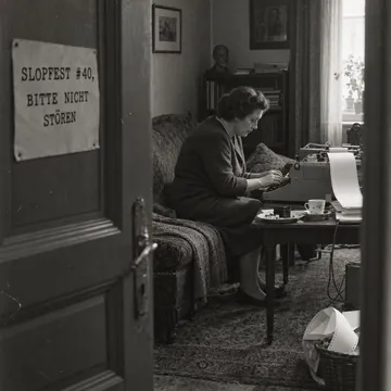 Candid photo through a half-open door: Hermine Pospischil on a couch typing to a teletype, door sign 'SLOPFEST #40, BITTE NICHT STÖREN'