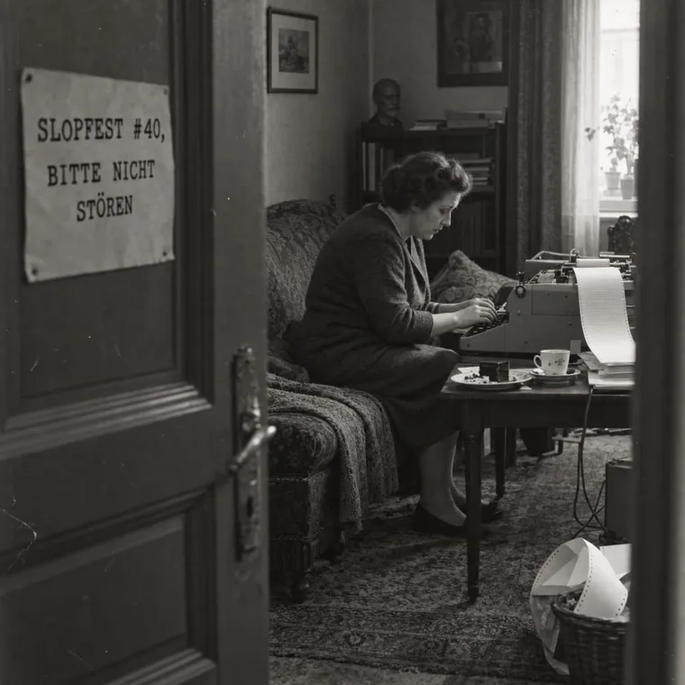 Candid photo through a half-open door: Hermine Pospischil on a couch typing to a teletype, door sign 'SLOPFEST #40, BITTE NICHT STÖREN'