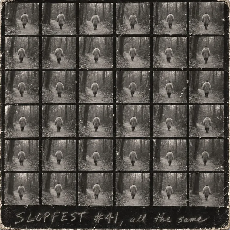 Contact sheet of 36 near-identical frames of a tall figure in a fur coat walking away into trees, grease pencil: 'SLOPFEST #41, all the same'
