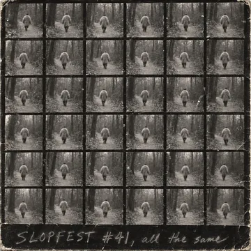 Contact sheet of 36 near-identical frames of a tall figure in a fur coat walking away into trees, grease pencil: 'SLOPFEST #41, all the same'