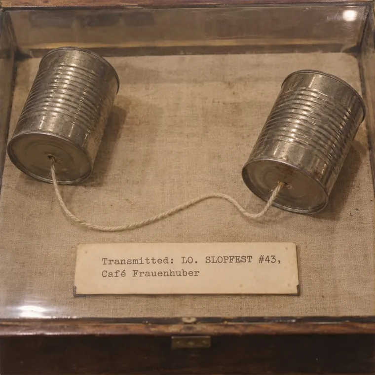 Museum display case: two tin cans joined by a string, a typed label reading 'Transmitted: LO. SLOPFEST #43, Café Frauenhuber'