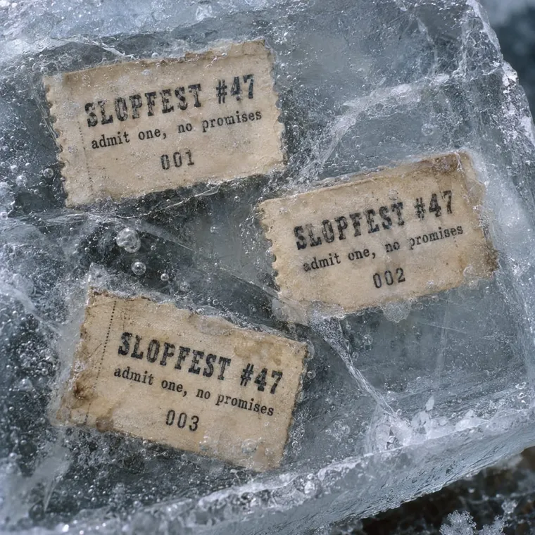 Three numbered ticket stubs frozen into a block of rink ice, close-up, each printed 'SLOPFEST #47, admit one, no promises'