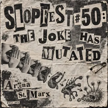 Black-and-white action photos on a contact sheet: guests in white smocks splashed dark, a huge poured painting behind them, SLOPFEST #50 on a smock