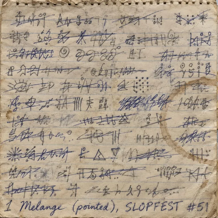 Waiter's order pad, close-up: dozens of crossed-out orders in strange scripts, the last line reading '1 Melange (pointed), SLOPFEST #51'