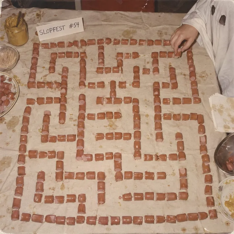 Top-down photo of a buffet laid out as a maze of 240 Würstel pieces, a bedsheet ghost's hand at the edge, a place card: SLOPFEST #54