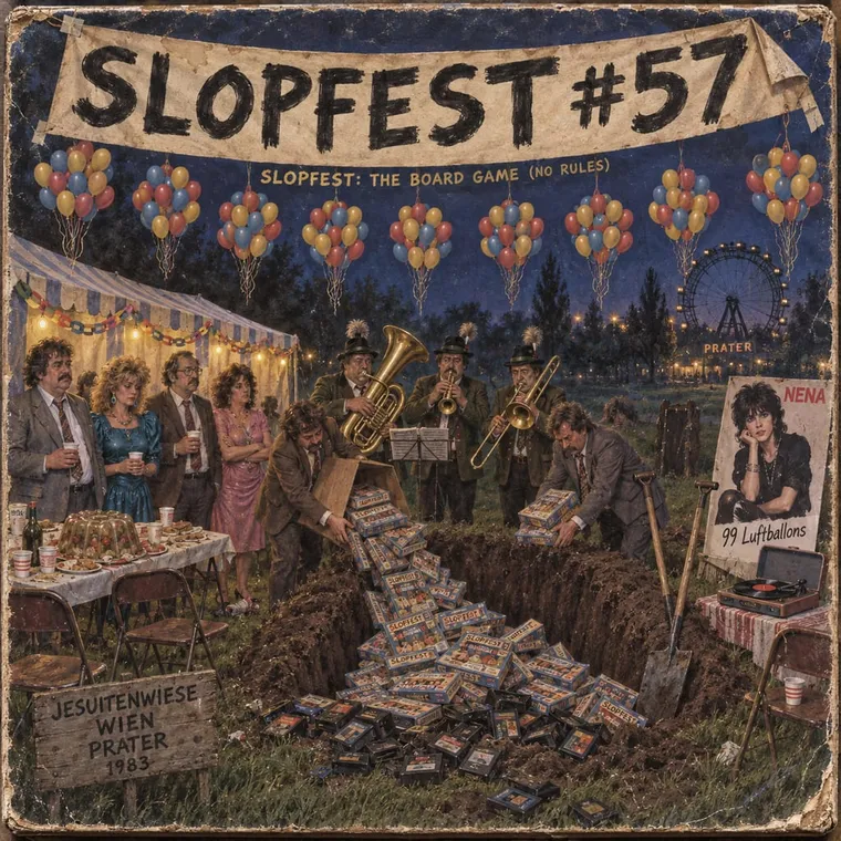 Painted board-game box lid: 99 balloons over a meadow, 'SLOPFEST #57: THE BOARD GAME', a yellow sticker reading 'NO RULES INCLUDED'