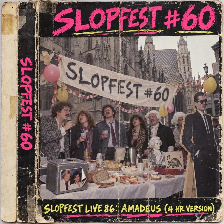 Camcorder still, date stamp 'OCT 31 1986': a sea of people singing around Stephansdom, a bedsheet reading SLOPFEST #60 held aloft