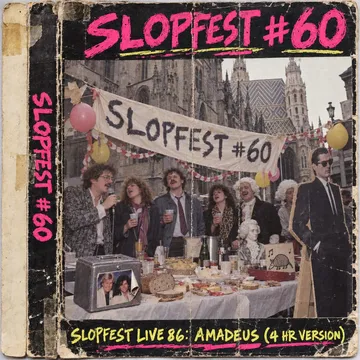 Camcorder still, date stamp 'OCT 31 1986': a sea of people singing around Stephansdom, a bedsheet reading SLOPFEST #60 held aloft