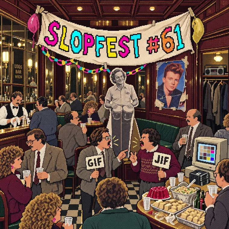 Dithered 256-colour GIF, wide: a bar in three shades of beige, a man playing bongos, blinking pixel text reading SLOPFEST #61