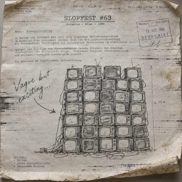 Curling thermal fax of a typed proposal titled 'SLOPFEST #63', a sketch of 40 stacked TVs, 'Vague but exciting...' scrawled in the margin