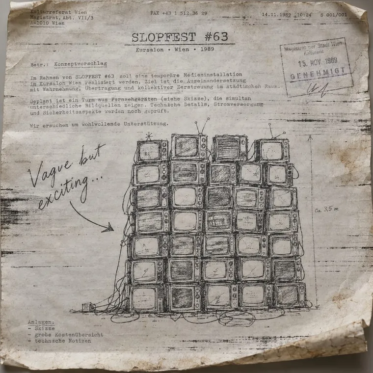 Curling thermal fax of a typed proposal titled 'SLOPFEST #63', a sketch of 40 stacked TVs, 'Vague but exciting...' scrawled in the margin
