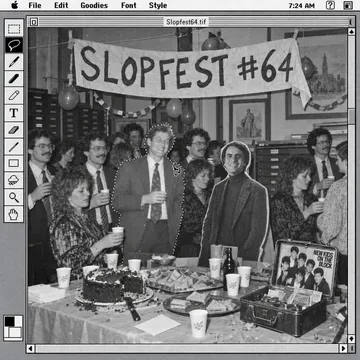 Black-and-white Mac screen, Photoshop 1.0: a lasso tool pasting a smiling Sachertorte delegate into a party photo titled SLOPFEST #64