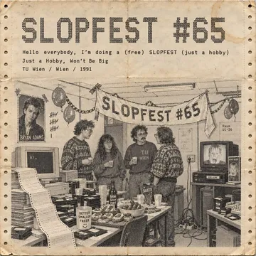 3.5-inch floppy disk, extreme close-up, handwritten label: 'SLOPFEST #65 v0.01 (just a hobby, won't be big)'
