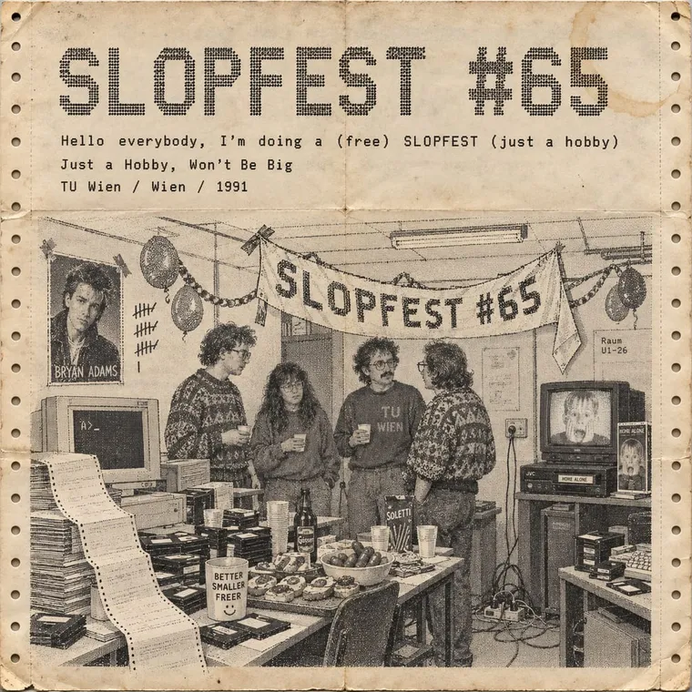 3.5-inch floppy disk, extreme close-up, handwritten label: 'SLOPFEST #65 v0.01 (just a hobby, won't be big)'