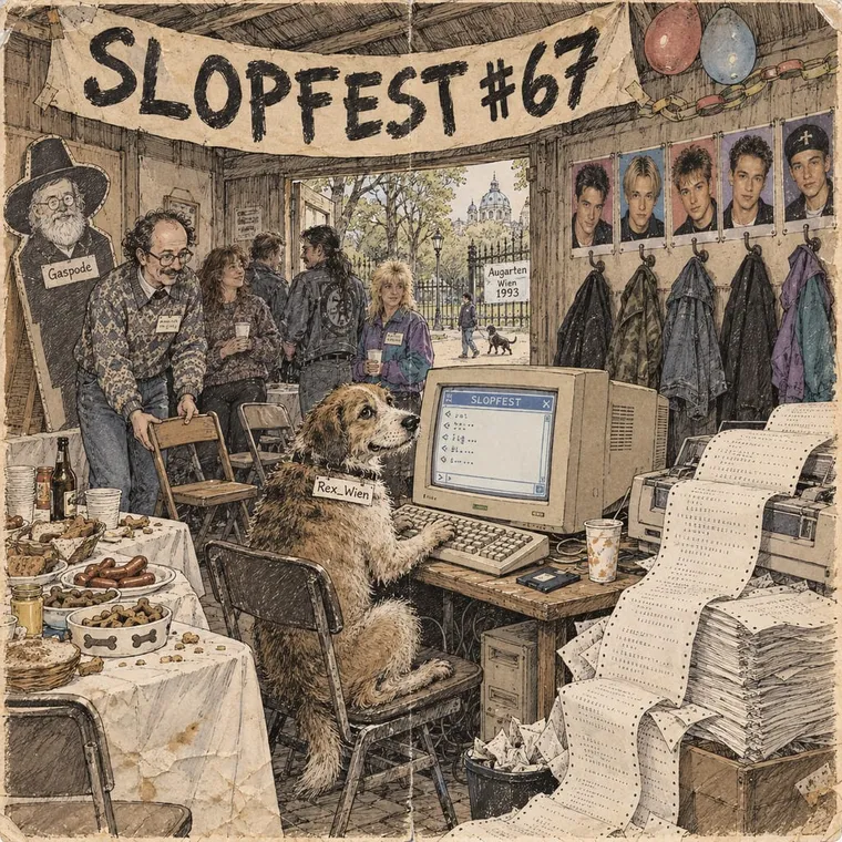 New Yorker-style single-panel cartoon: a dog in a paper name badge at a beige PC, caption 'At SLOPFEST #67, nobody knows you're a dog.'