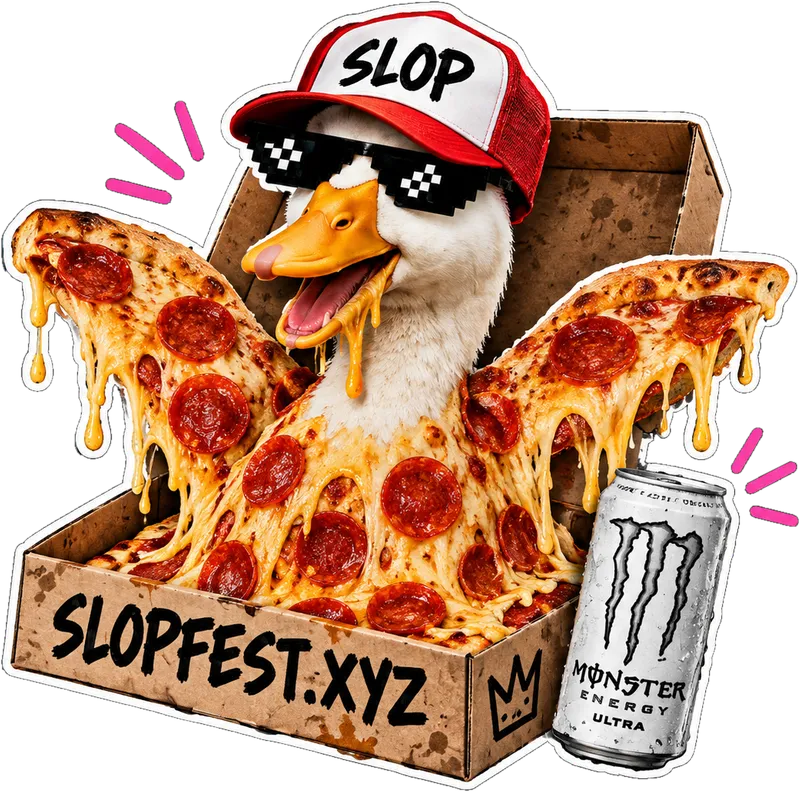 Close-up of the duck-in-a-pizza-box sticker