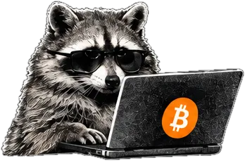 A raccoon in sunglasses typing on a laptop with a Bitcoin sticker.